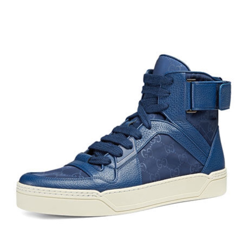 NIB GUCCI GG GUCCISSIMA MENS HITOP NYLON LEATHER SNEAKERS - Picture 1 of 9